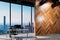 large urban skyline loft office with wooden wall and computer workspace copy spacepanoramic window skyline view, 3D Illustration