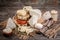 A large variety of cheeses on rustic background