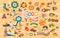 A large vector set of retro groove elements from the 70s, cute stickers in the funky hippie style.