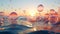 Large, vibrant bubbles on the ocean\\\'s edge reflecting the setting sun