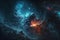Large view of a colorful dark blue nebula in space. Cosmic background with bright shining stars, galaxies and deep universe.