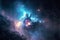 Large view of a colorful dark blue nebula in space. Cosmic background with bright shining stars, galaxies and deep universe.