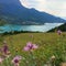 Large view of Serre-PonÃ§on Lake, in french Hautes Alpes, France with the town Savine-le-lac