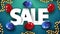 Large volumetric letters `sale` on blue table with red and blue balloons, top view