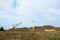 A large walking excavator forms dumps of rock delivered by freight train from a mining quarry. Background