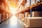 A large warehouse filled with neatly stacked boxes. Selective focus. Large space for storing and moving goods. Logistics. Trade in