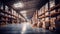 A large warehouse with numerous items. Rows of shelves with boxes. Logistics. Inventory control
