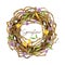 Large watercolor wreath of spring branches with buds, yellow crocuses, white snowdrops on a white background.