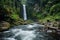 A large waterfall cascades down rocks in the midst of a dense forest, creating a powerful display of natural beauty, A river