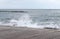 Large wave crashed against flood walls on a beach near Paphos, Cyprus. The sea awoke and showed its unpredictability and strength