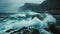A large wave crashing over a rocky shoreline near the ocean, AI