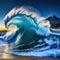 large wave crashing into the shore of beach at night time with mountain in