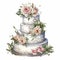Large wedding cake decorated with rose flowers, watercolor illustration,