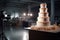 Large wedding cake on the table in the banquet hall.