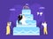 Large wedding couple cake concept, vector illustration. Bride groom character on festive dessert with rings, romantic