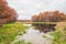 Large wetland /grassland with reeds flowing in the wind bordered by autumn trees in the Crex Meadows Wildlife Area in Northern Wis