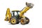 Large wheeled excavator loader or bulldozer on a white isolated background with a bucket raised up. Universal construction