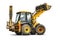 Large wheeled excavator loader or bulldozer on a white isolated background with a bucket raised up. Universal construction