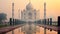 A large white building sits next to a pool of water, creating a serene and picturesque scene, Majestic Taj Mahal on a foggy