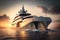 a large white parametric luxury yacht superimposed over a breathtaking sunset