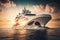 a large white parametric luxury yacht superimposed over a breathtaking sunset