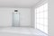 Large window with light on floor near of empty elevator cabin