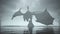 Large Winged Black Dragon with a Woman Dragon Rider Glowing White Eyes on Black Sand Surrounded by Water an some Dead Trees