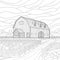 A large wooden barn with windows and an extension, fence, a plowed field, yard and plants. Rural architectural illustration.