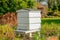 Large wooden Beehive seen located in a large garden.