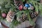 Large wooden box filled with holiday charm seen in tree branches, pine cones and colorful ornaments