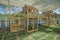 Large wooden climbing frame in children`s playground area