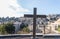 Large wooden cross on the roof of the International Marian Centre in Nazareth city in Israel