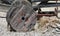 Large wooden spool with heavy rope and a broken toolbox on front of a weathered fence