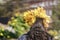 Large wreath of autumn yellow leaves on the head of an unrecognizable girl with long brown hair back to us. Natural