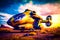 Large yellow helicopter sitting on top of dirt field in the middle of the desert. Generative AI