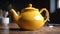 Large yellow teapot with lid on wooden table. Generative ai