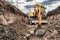 A large yellow wheeled excavator is working in a trench. Trench for laying pipeline. excavation. Rental of construction equipment