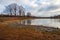 Largely dried up lake after a prolonged drought in the summer pe