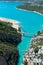 The largest European canyon Verdon Gorges with the view on the bridge and boats, pedalos on azure blue water , overlooking lake Sa