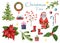 LargÑƒ holiday watercolor set `Christmas time`. Santa Claus, Christmas wreath and tree, poinsettia, holly, sprig of viburnum