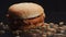 Larvae maggot and worms are spreading from burger on table on dark background, closeup. Worms and maggots crawl from
