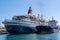 Las Palmas Oct 11, 2019: The Boudicca cruise ship docked at the port of Las Palmas de Gran Canaria in a refueling maneuver with