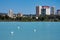 Las Salinas lake in Calpe, Spain with some flamingos.