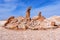 Las Tres Marias salt and clay rock formation formed by natural erosion in Valle de la Luna in San Pedro de Atacama, Chile.