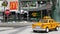 LAS VEGAS, NEVADA USA - 7 MAR 2020: Yellow vacant mini taxi cab close up on Harmon avenue corner. Small retro car model