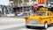 LAS VEGAS, NEVADA USA - 7 MAR 2020: Yellow vacant mini taxi cab close up on Harmon avenue corner. Small retro car model. Little