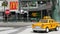 LAS VEGAS, NEVADA USA - 7 MAR 2020: Yellow vacant mini taxi cab close up on Harmon avenue corner. Small retro car model. Little