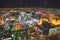 LAS VEGAS, NV - JUNE 30TH, 2018: Helicopter night aerial view of The Strip and main city Casinos and Hotels