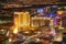 LAS VEGAS, NV - JUNE 30TH, 2018: Helicopter night aerial view of The Strip and main city Casinos and Hotels