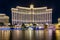 Las Vegas USA November 16, 2023: Panoramic photograph of the Bellagio hotel and casino, reflecting with its lights and neons.